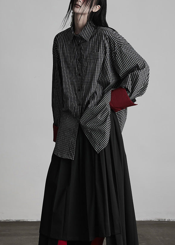 Chic Black Peter Pan Collar Plaid Button Cotton Shirts Fall