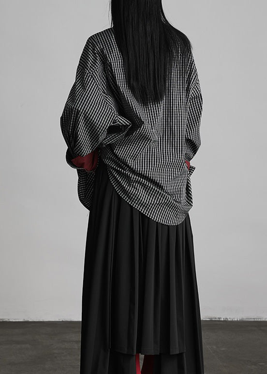 Chic Black Peter Pan Collar Plaid Button Cotton Shirts Fall