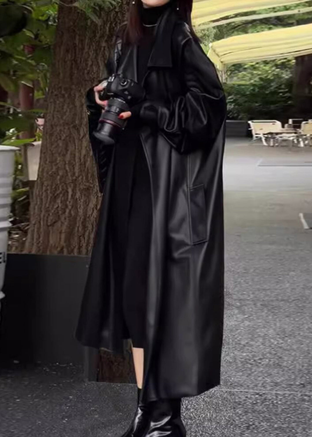 Chic Black Peter Pan Collar Pockets Faux Leather Trench Spring