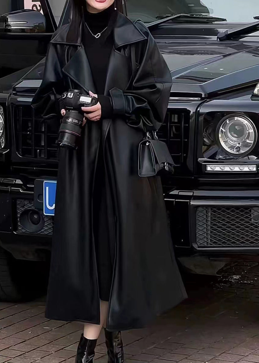 Chic Black Peter Pan Collar Pockets Faux Leather Trench Spring