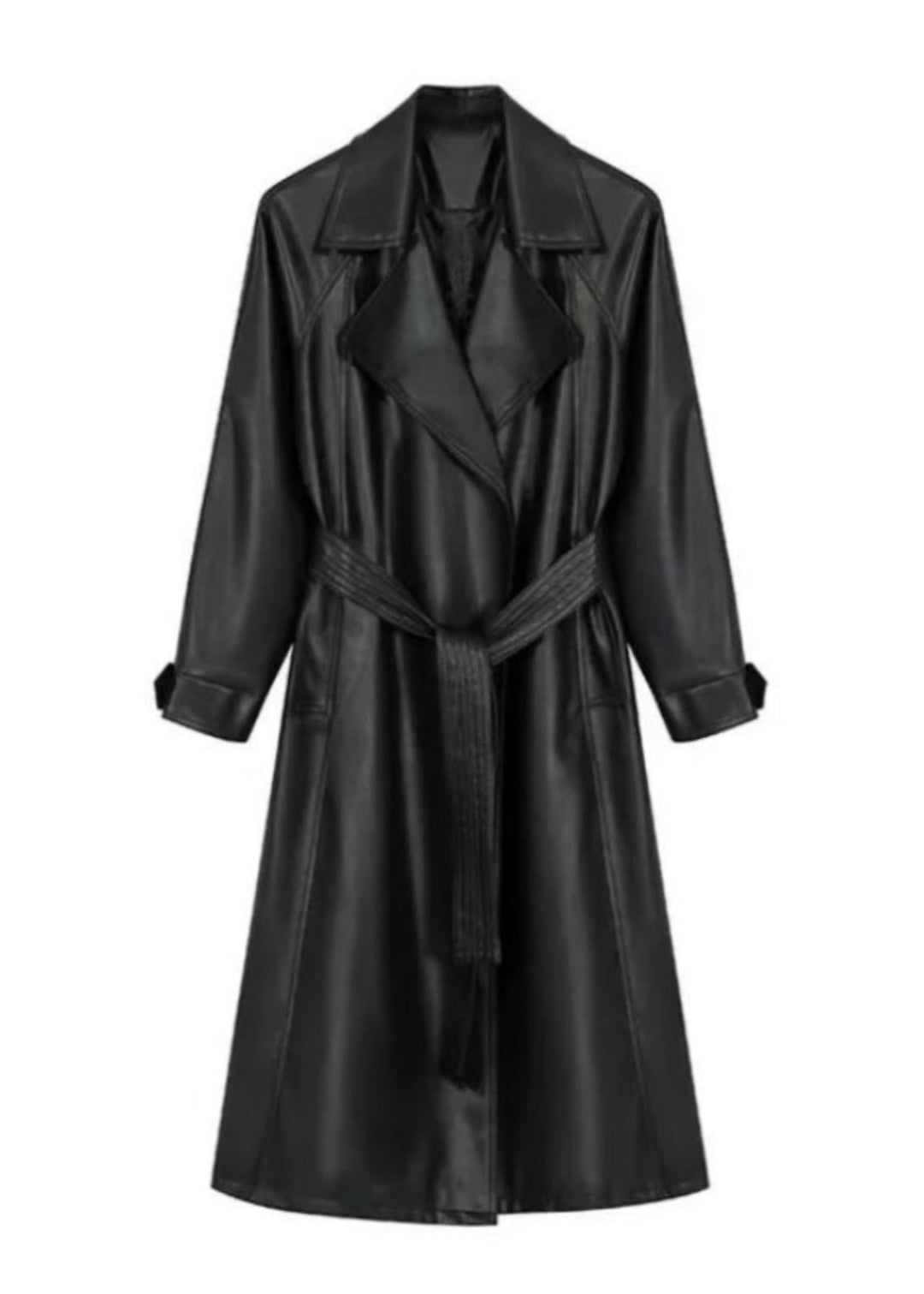 Chic Black Peter Pan Collar Pockets Faux Leather Trench Spring