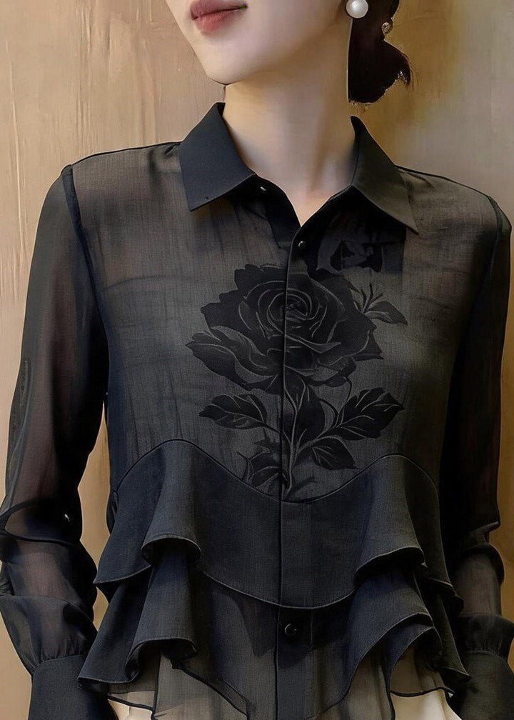 Chic Black Peter Pan Collar Print Silk Shirt Flare Sleeve