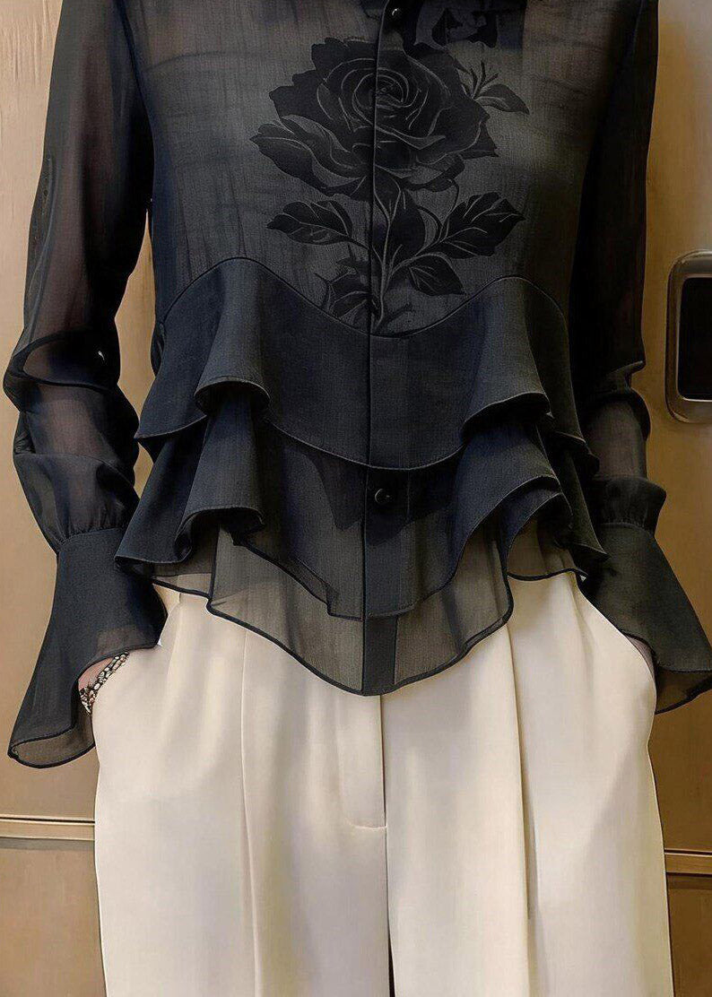 Chic Black Peter Pan Collar Print Silk Shirt Flare Sleeve