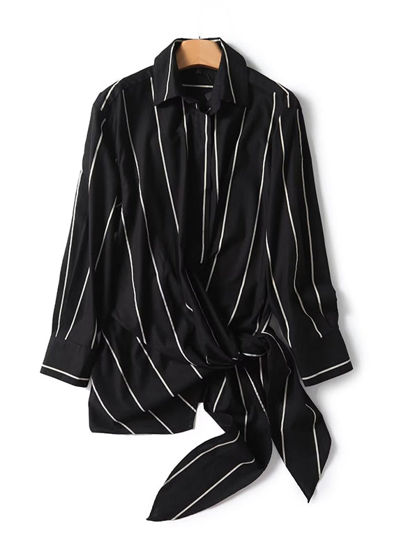 Chic Black Peter Pan Collar Striped Lace Up Linen Tops Fall