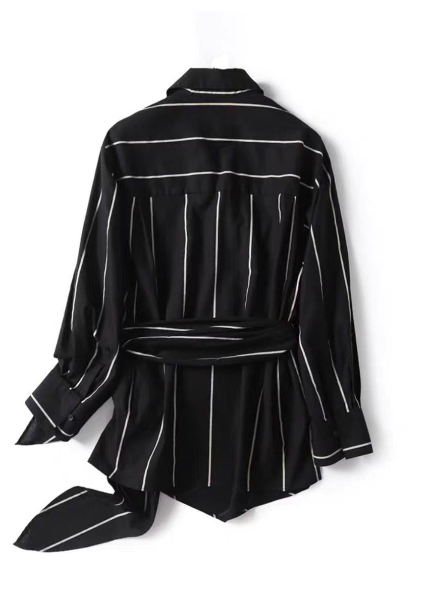 Chic Black Peter Pan Collar Striped Lace Up Linen Tops Fall