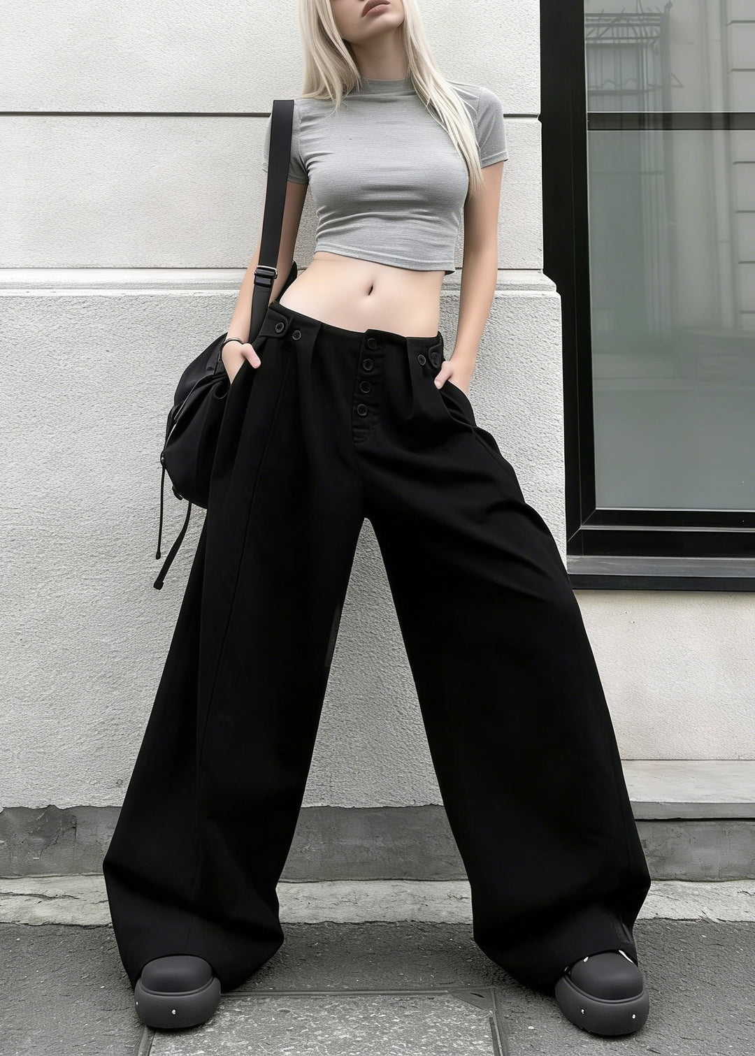 Chic Black Pockets Button Cotton Wide Leg Pants Spring