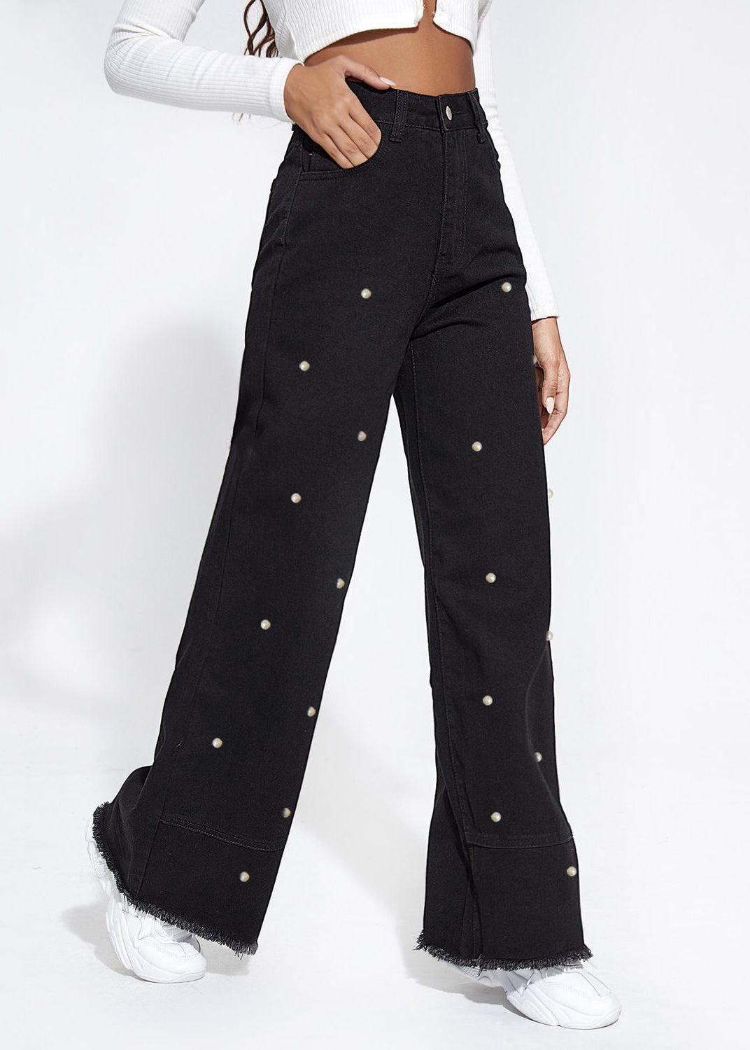 Chic Black Pockets Pearl Straight Denim Pants Fall