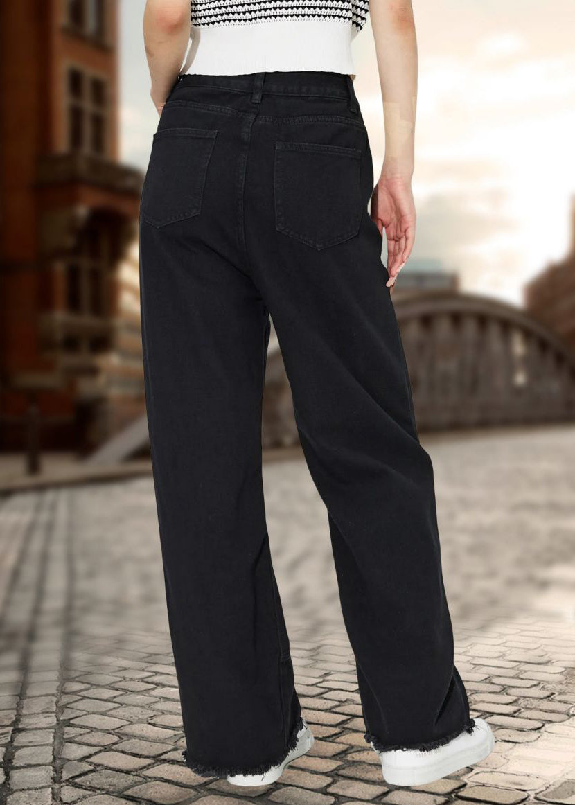 Chic Black Pockets Pearl Straight Denim Pants Fall