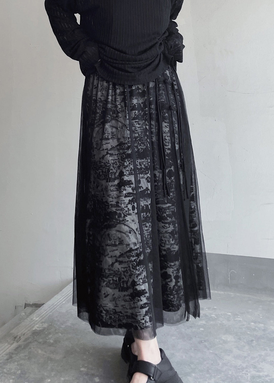 Chic Black Print Elastic Waist Patchwork Tulle Skirt Summer