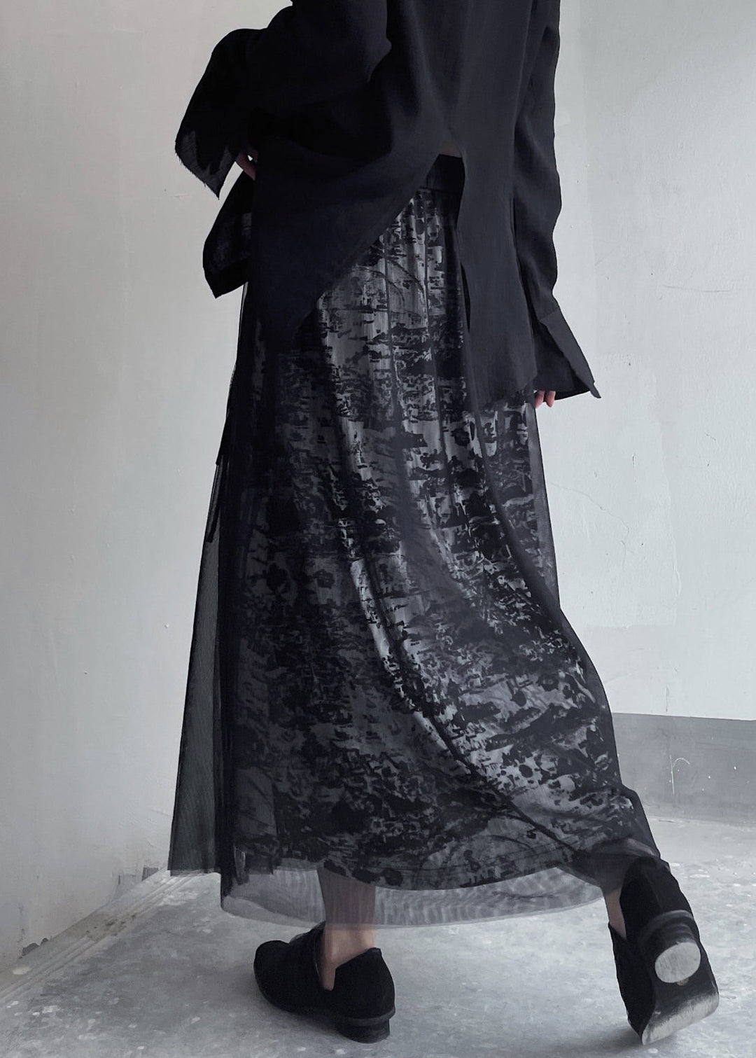 Chic Black Print Elastic Waist Patchwork Tulle Skirt Summer