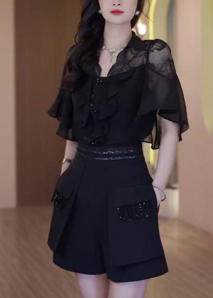 Chic Black Ruffled Lace Patchwork Two Piece Set Outfits Summer