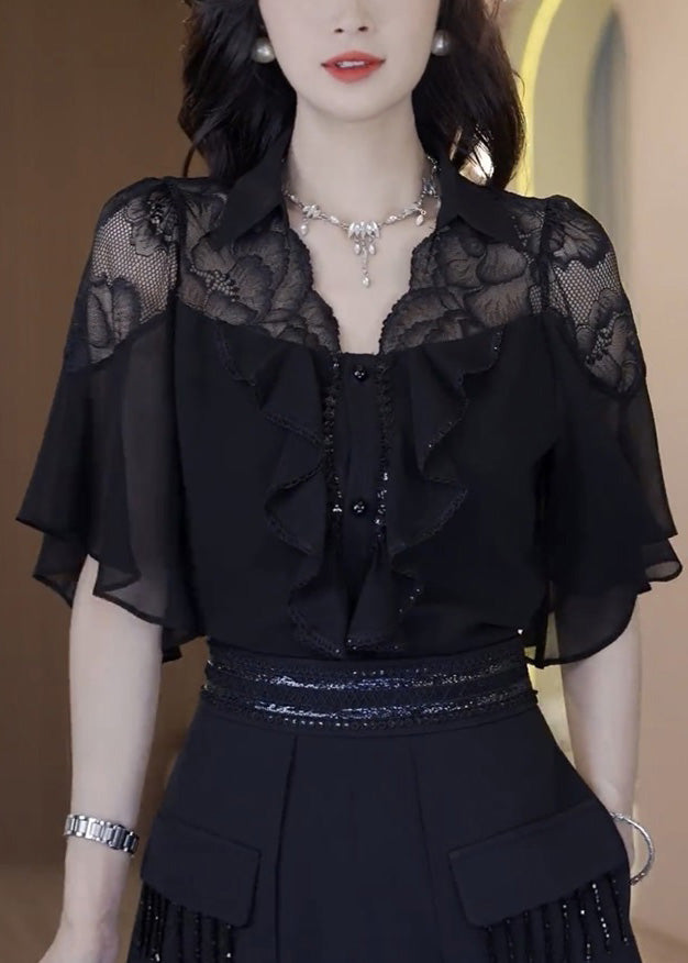 Chic Black Ruffled Lace Patchwork Two Piece Set Outfits Summer