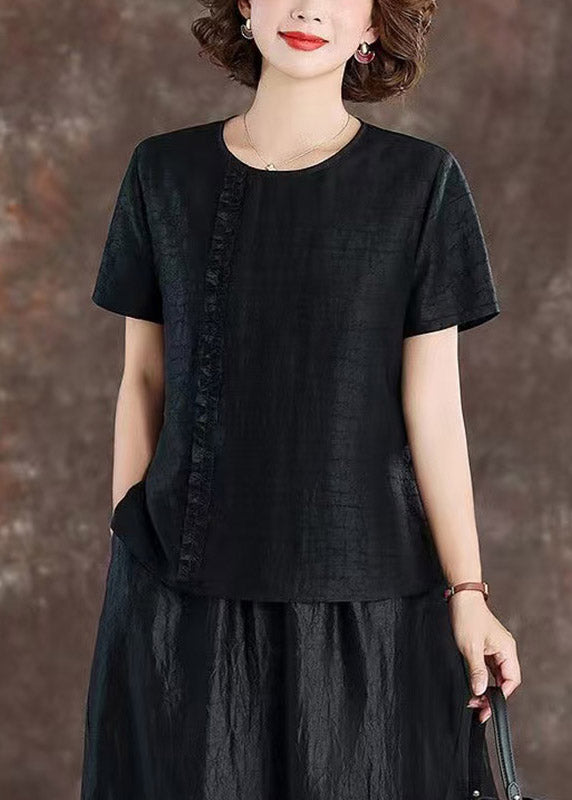 Chic Black Ruffled Patchwork Silk Tops Short Sleeve