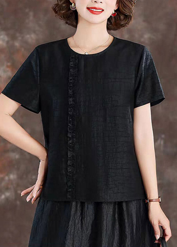 Chic Black Ruffled Patchwork Silk Tops Short Sleeve
