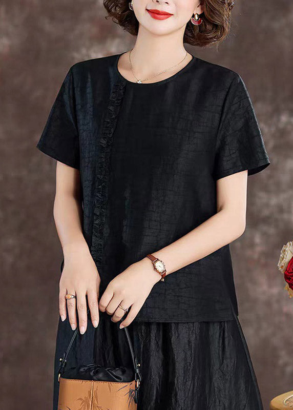 Chic Black Ruffled Patchwork Silk Tops Short Sleeve