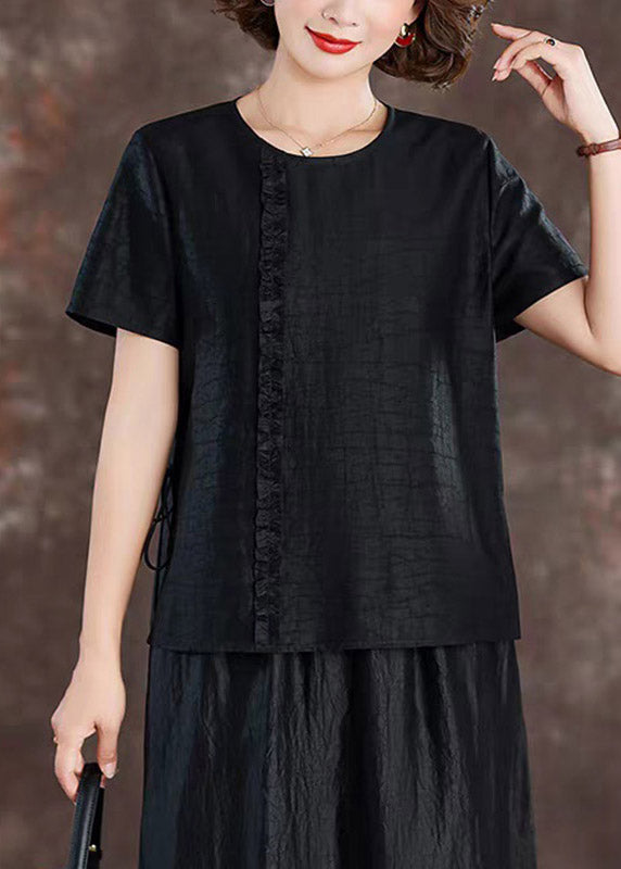 Chic Black Ruffled Patchwork Silk Tops Short Sleeve