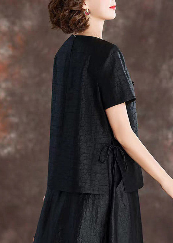 Chic Black Ruffled Patchwork Silk Tops Short Sleeve