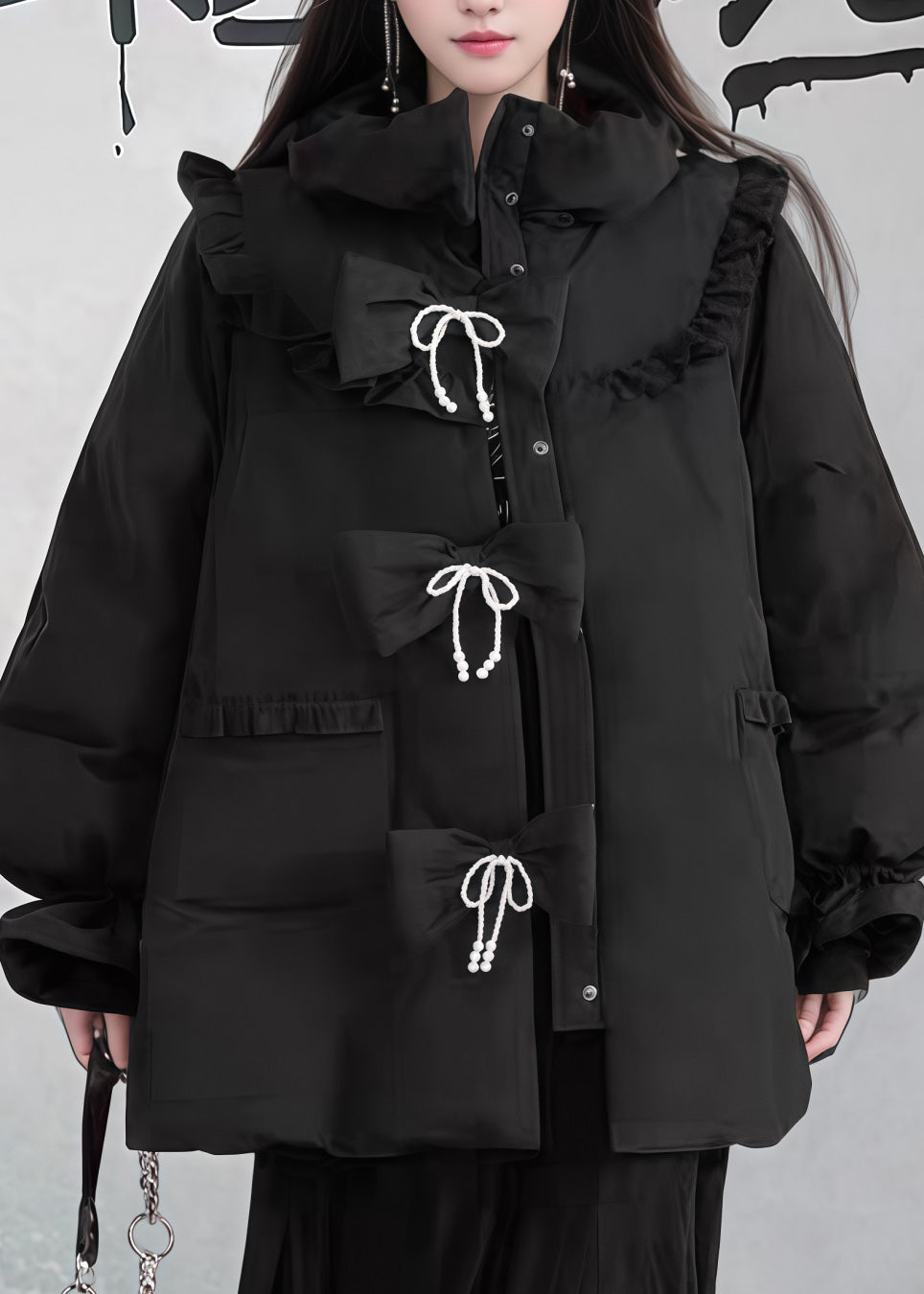 Chic Black Ruffled Pockets Patchwork Fine Cotton Filled Puffers Jackets Winter