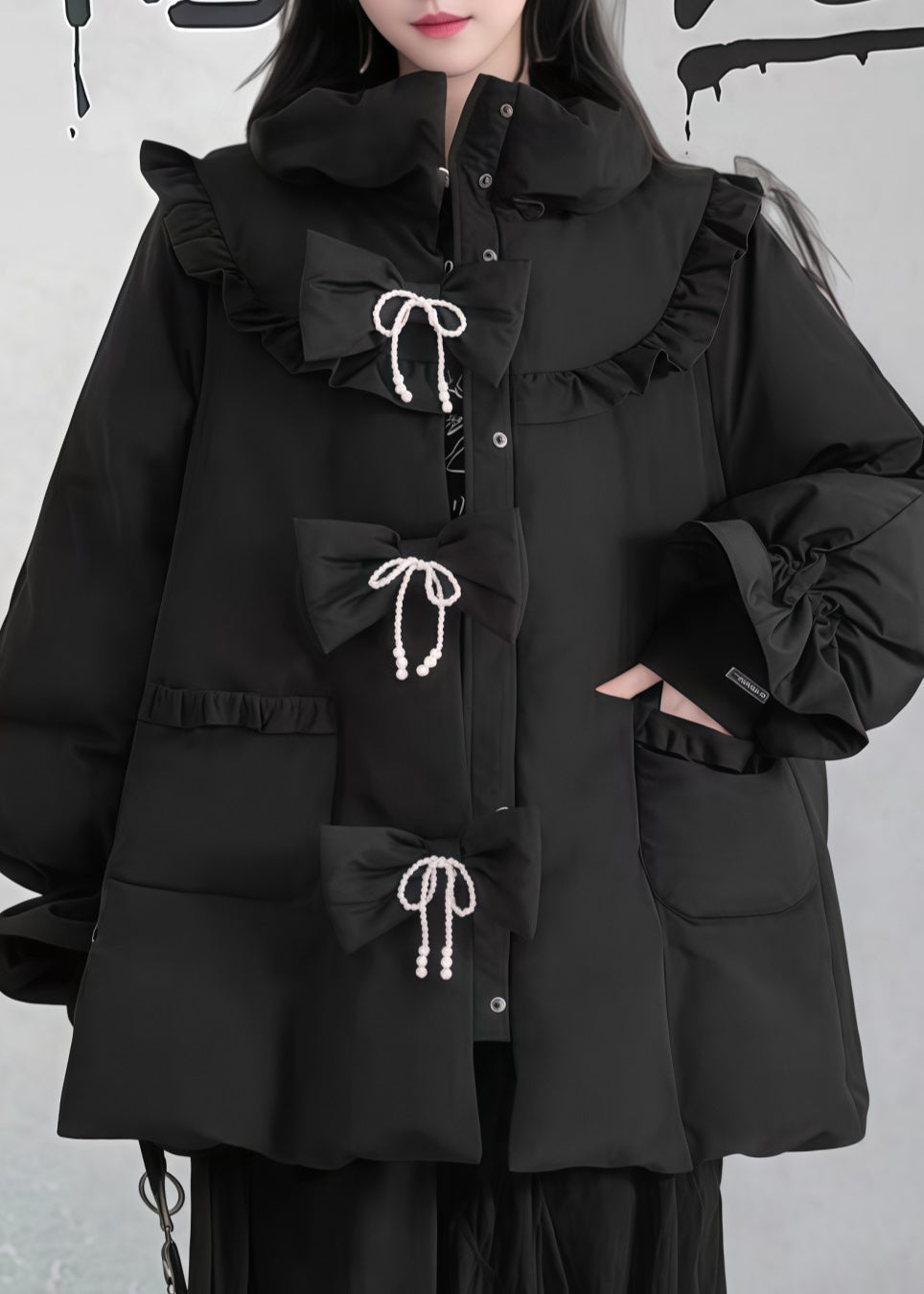 Chic Black Ruffled Pockets Patchwork Fine Cotton Filled Puffers Jackets Winter
