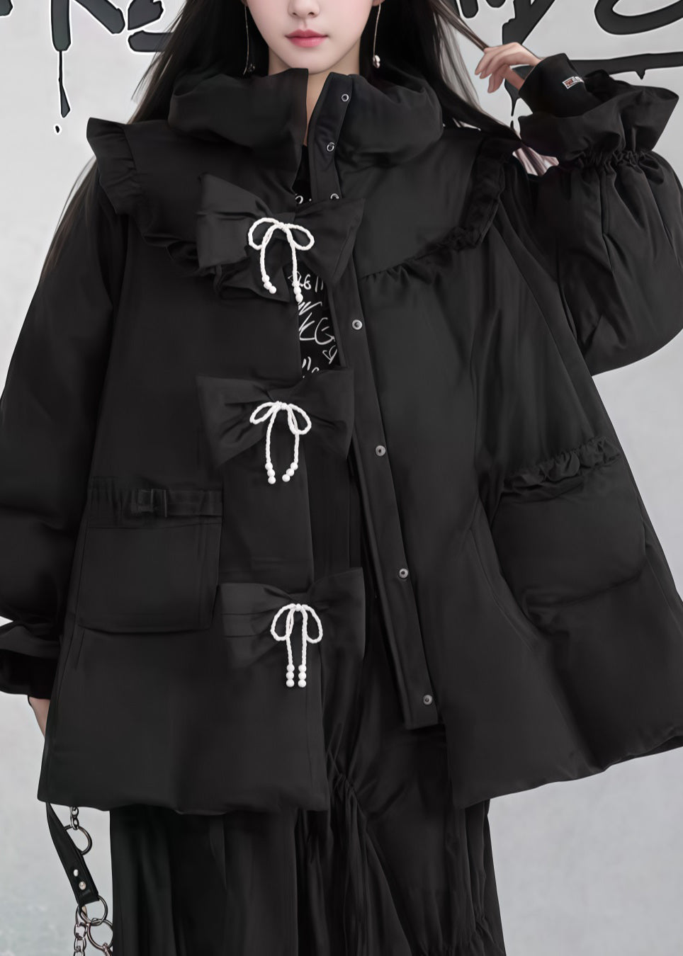 Chic Black Ruffled Pockets Patchwork Fine Cotton Filled Puffers Jackets Winter
