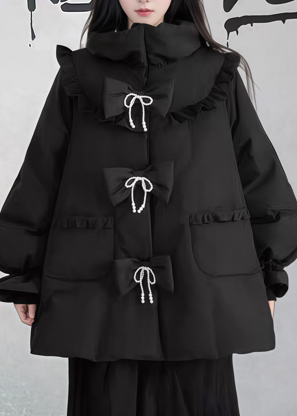 Chic Black Ruffled Pockets Patchwork Fine Cotton Filled Puffers Jackets Winter