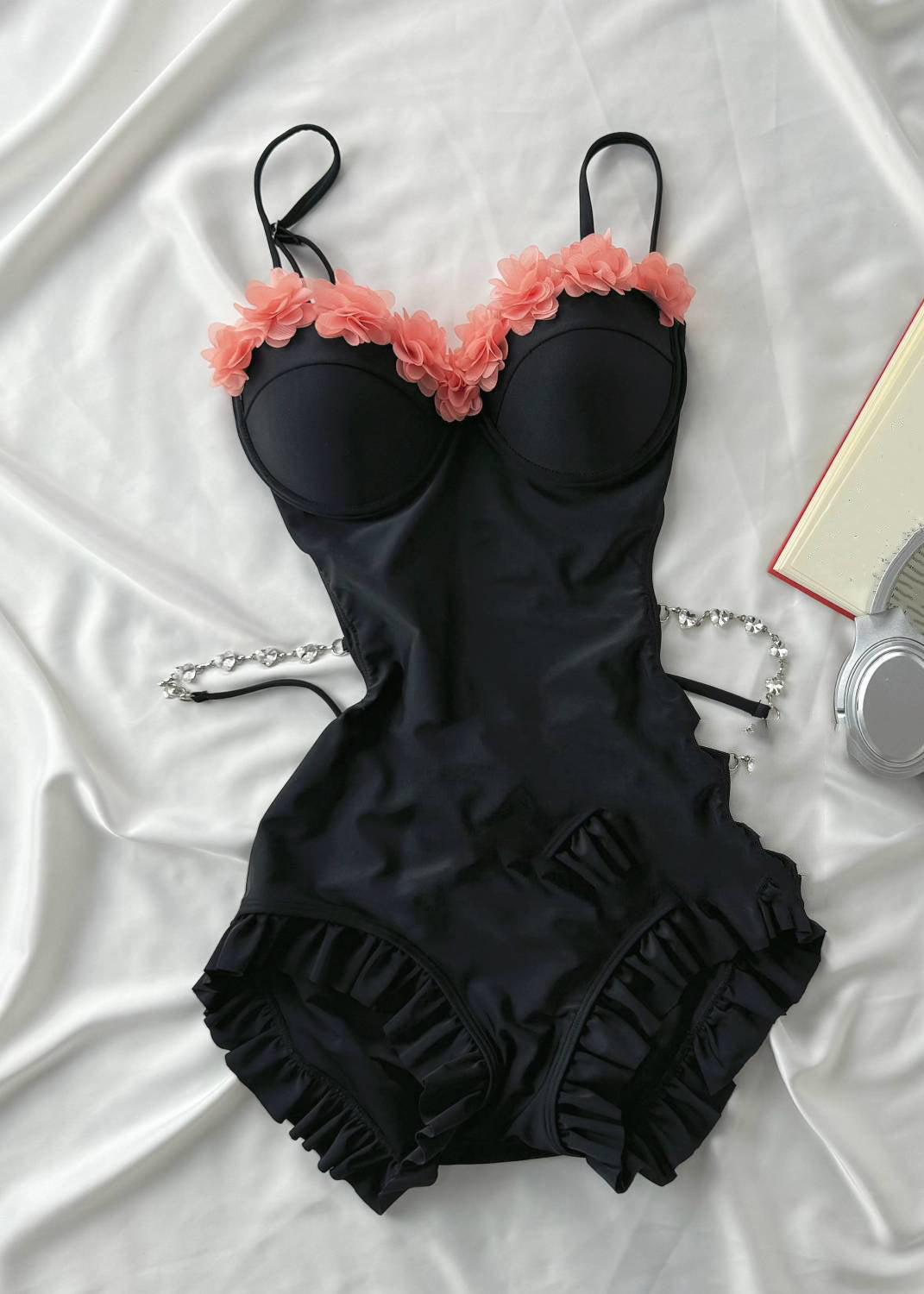 Chic Black Ruffled Tulle Patchwork Hollow Out Bodysuit
