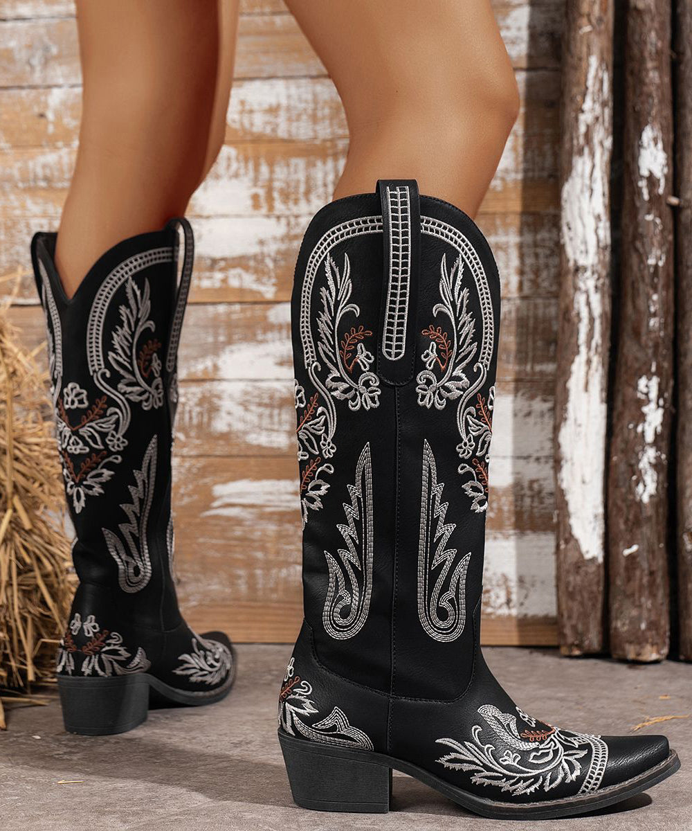 Chic Black Splicing Faux Leather Chunky Boots Embossed