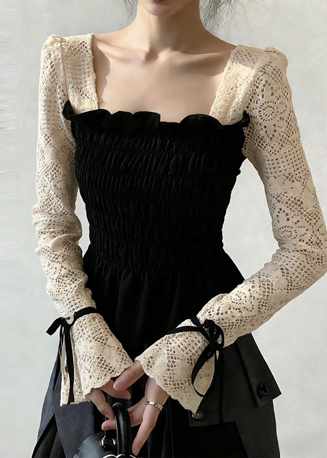 Chic Black Square Collar Patchwork Cotton Shirt Tops Flare Sleeve