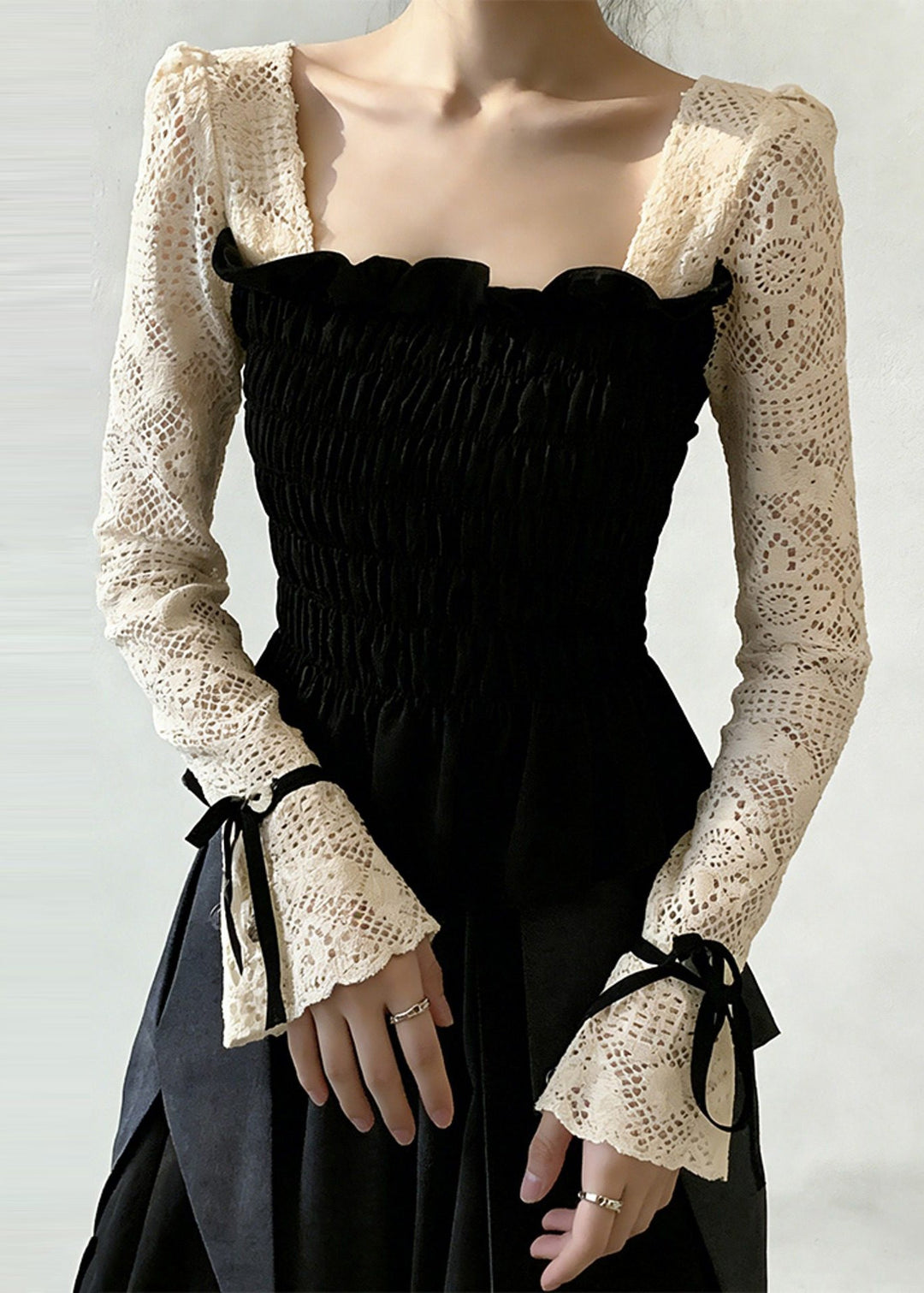 Chic Black Square Collar Patchwork Cotton Shirt Tops Flare Sleeve