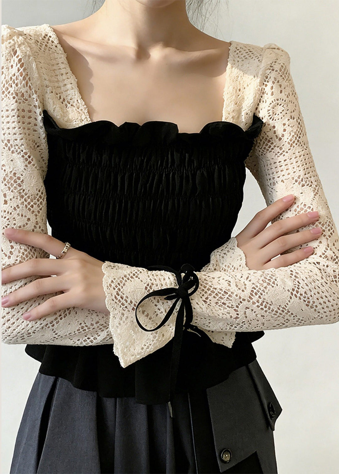 Chic Black Square Collar Patchwork Cotton Shirt Tops Flare Sleeve