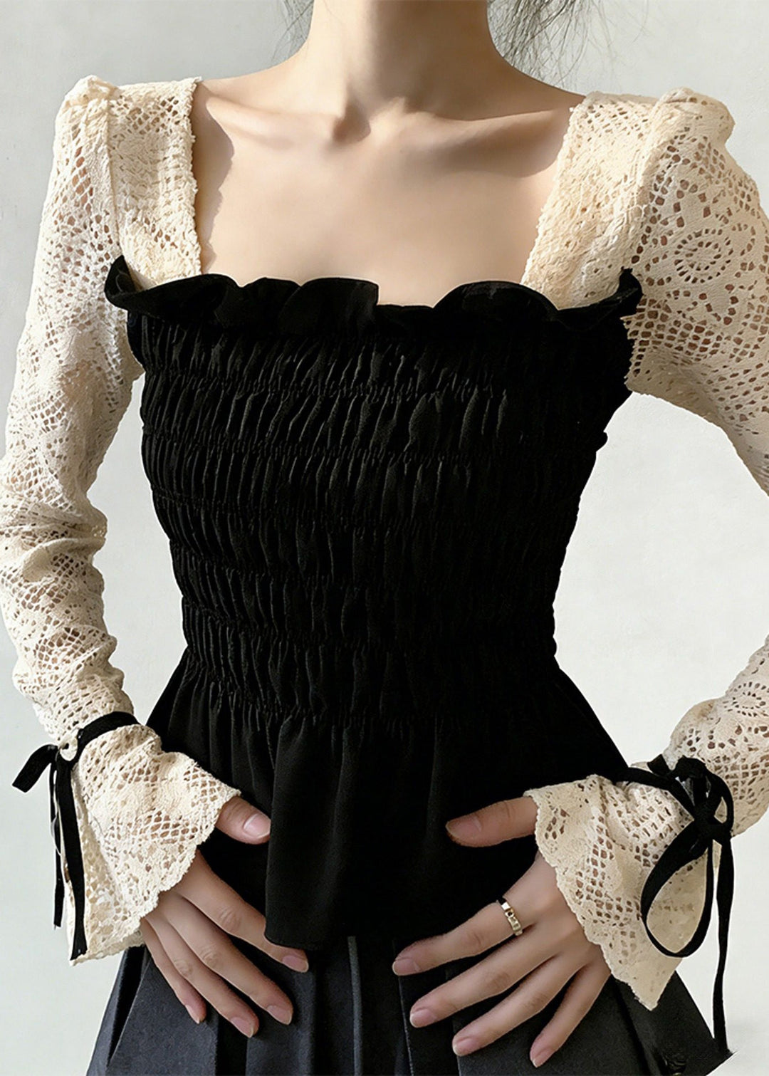 Chic Black Square Collar Patchwork Cotton Shirt Tops Flare Sleeve