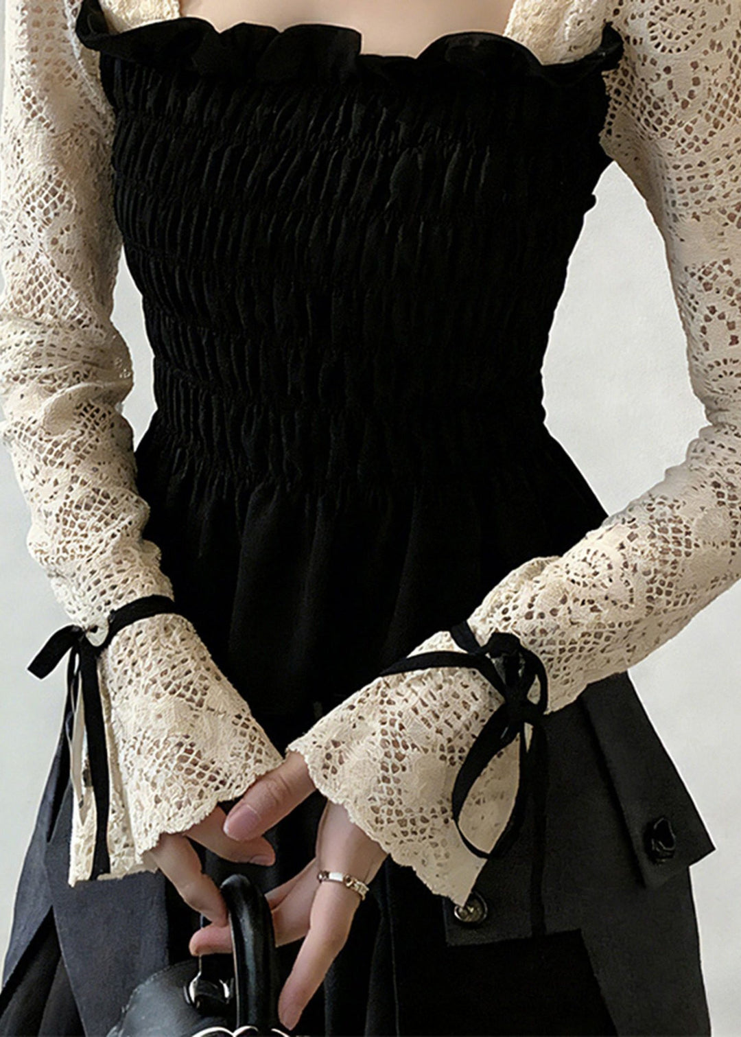 Chic Black Square Collar Patchwork Cotton Shirt Tops Flare Sleeve