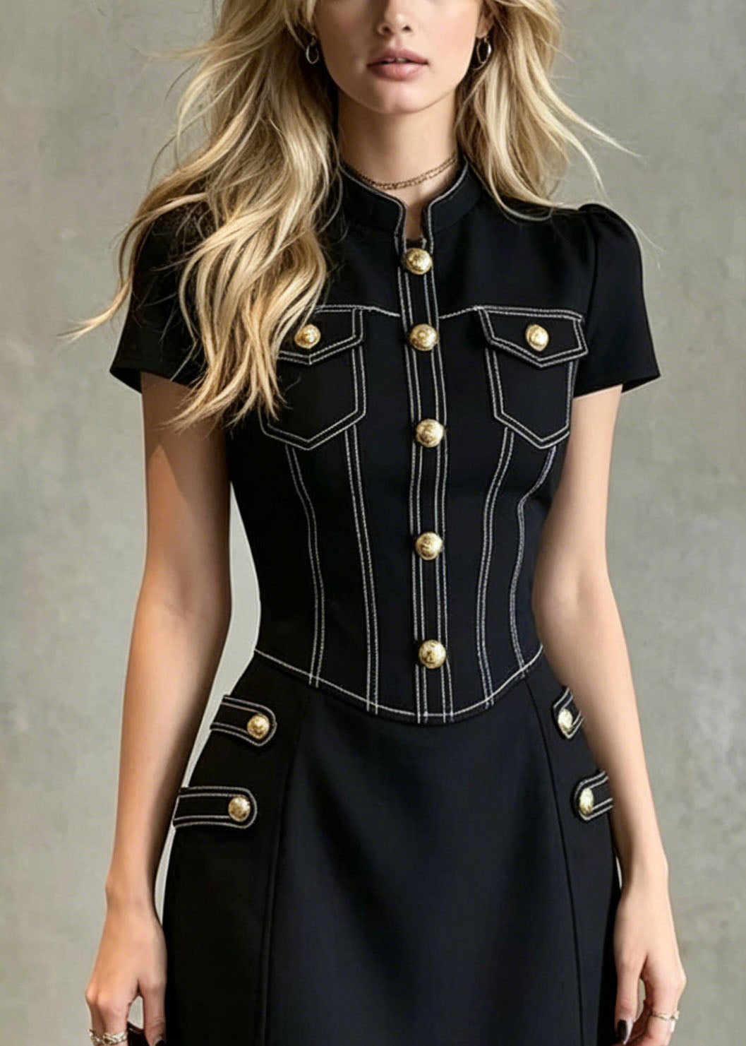 Chic Black Stand Collar Button Denim Mid Dress Summer