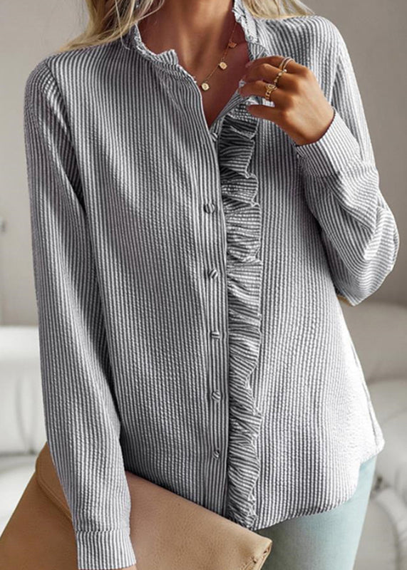 Chic Black Stand Collar Ruffled Shirts Lantern Sleeve