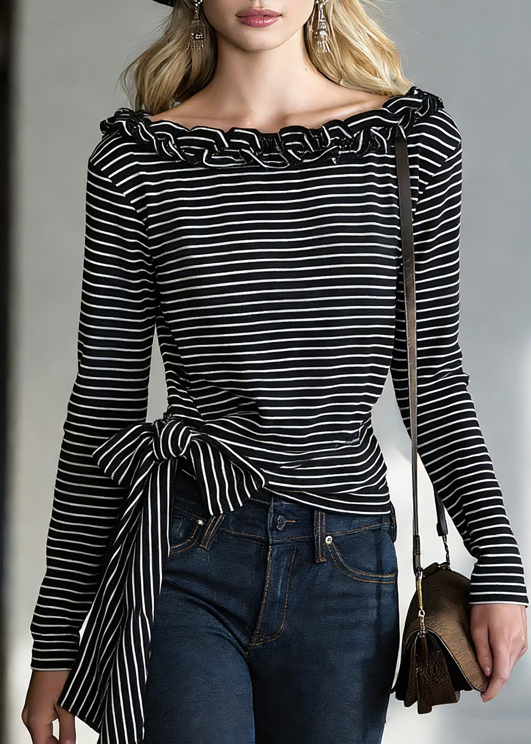 Chic Black Striped Tie Waist T Shirts Spring - Omychic
