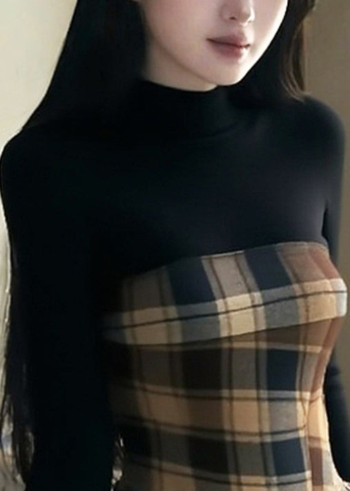 Chic Black Tasseled Plaid Patchwork Knitting Cotton Tops Spring