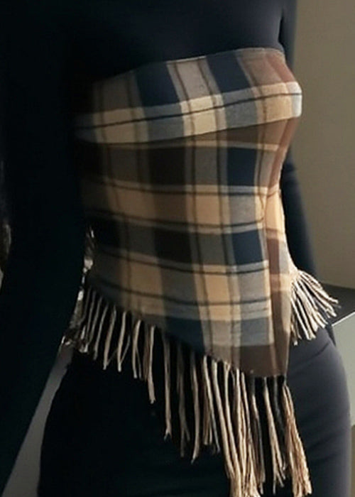 Chic Black Tasseled Plaid Patchwork Knitting Cotton Tops Spring