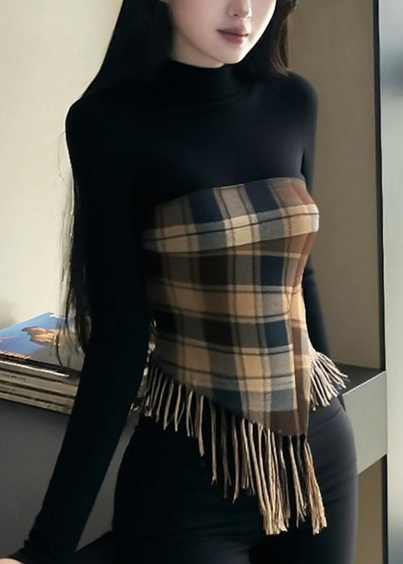 Chic Black Tasseled Plaid Patchwork Knitting Cotton Tops Fall