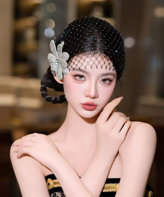 Chic Black Tulle Zircon Floral And HairPiece Two-Piece Set