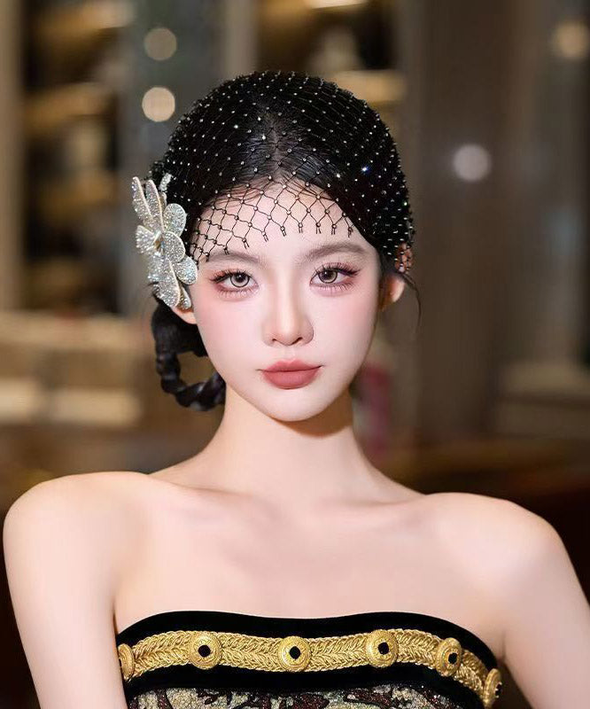 Chic Black Tulle Zircon Floral And HairPiece Two-Piece Set