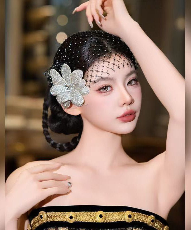 Chic Black Tulle Zircon Floral And HairPiece Two-Piece Set