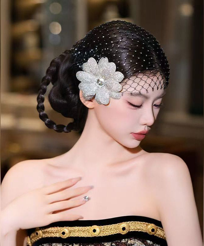 Chic Black Tulle Zircon Floral And HairPiece Two-Piece Set