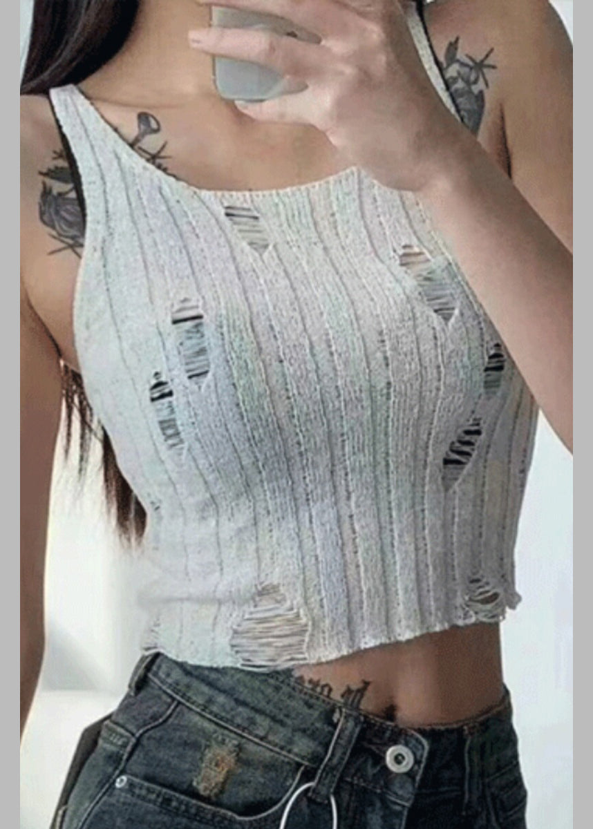 Chic Black U Neck Hole Hollow Out Knit Tanks Sleeveless