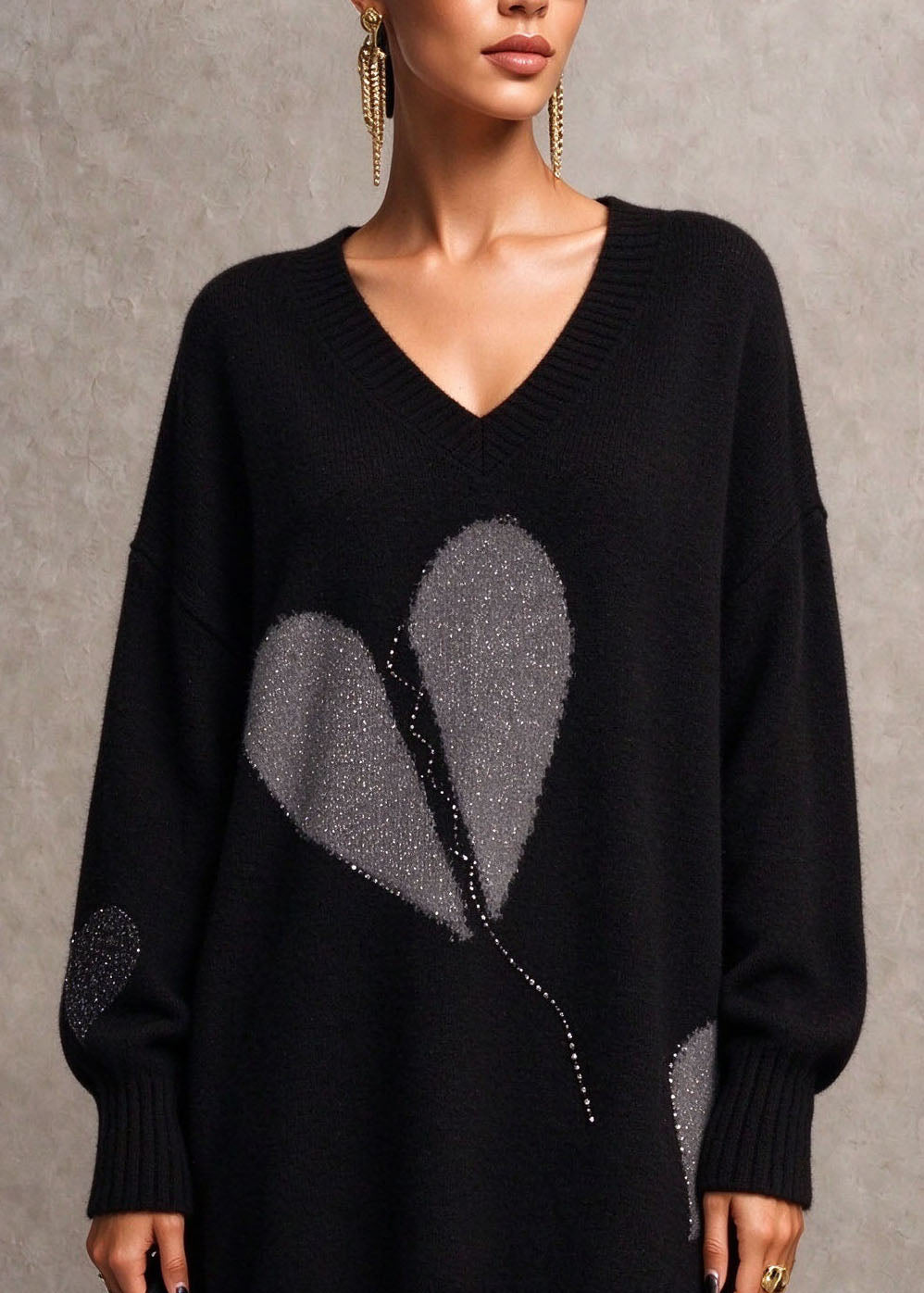 Chic Black V Neck Heart Zircon Patchwork Knit Sweaters Fall
