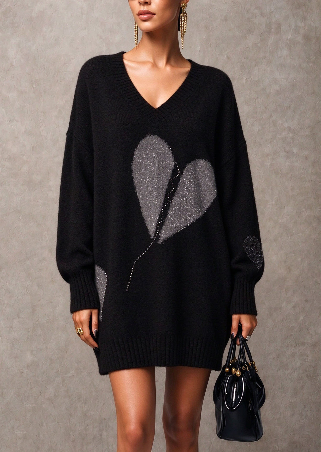 Chic Black V Neck Heart Zircon Patchwork Knit Sweaters Fall