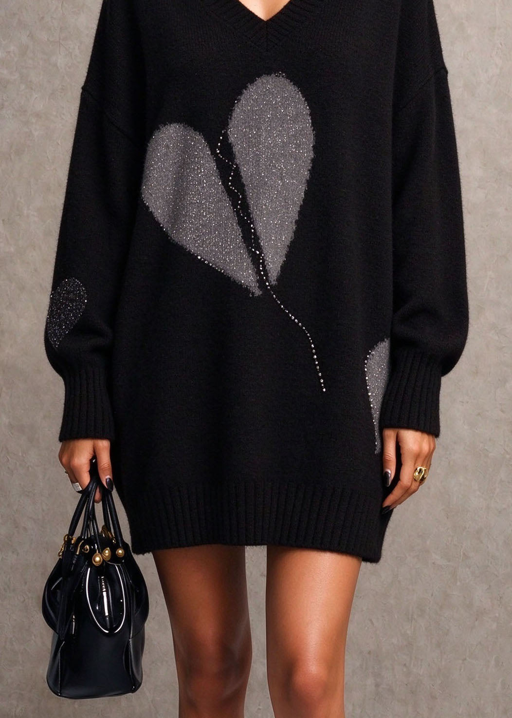Chic Black V Neck Heart Zircon Patchwork Knit Sweaters Fall