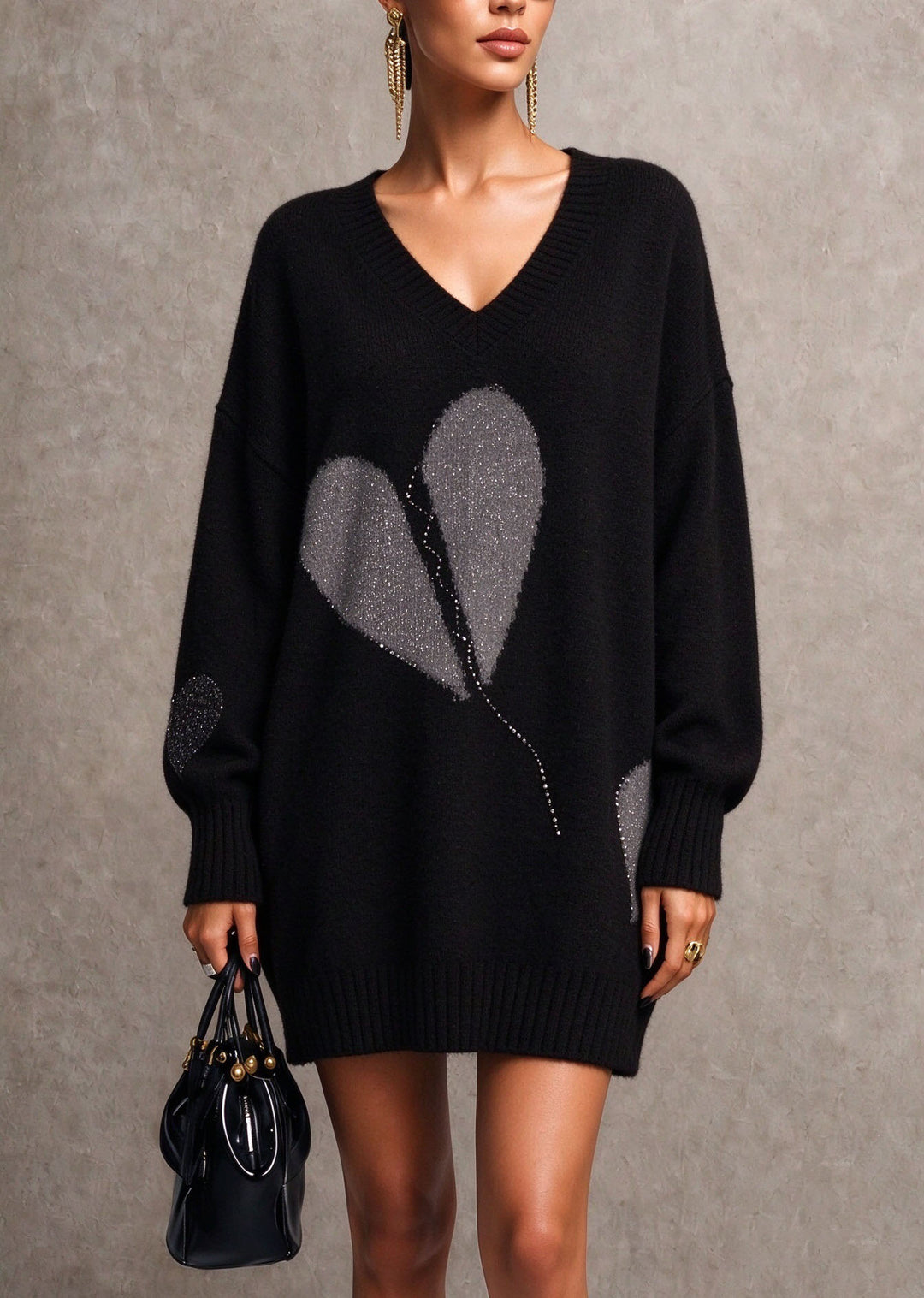 Chic Black V Neck Heart Zircon Patchwork Knit Sweaters Fall