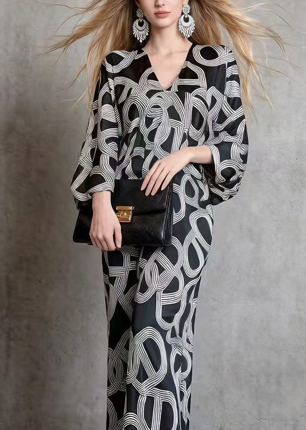 Chic Black V Neck Print Silk Long Dress Batwing Sleeve