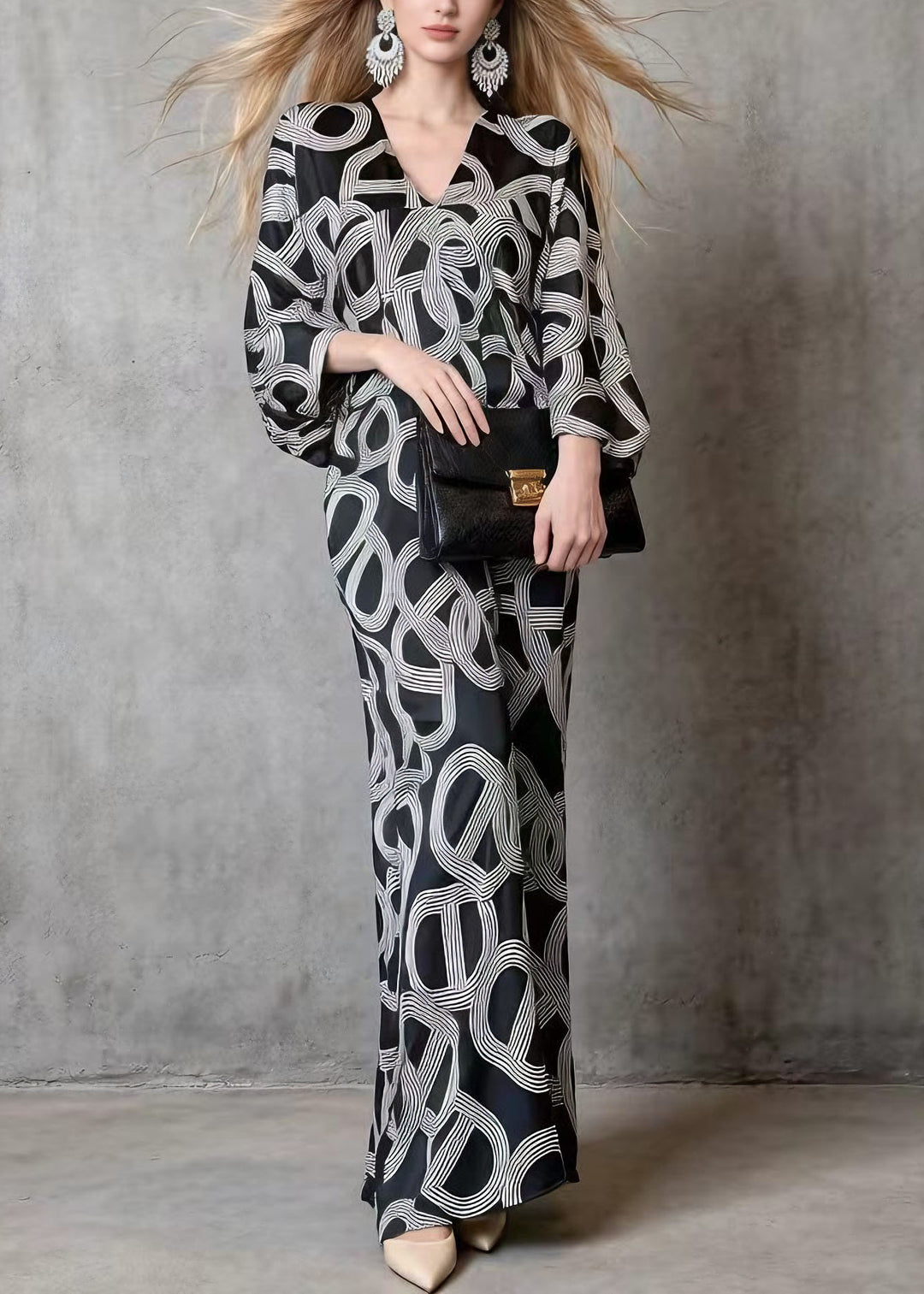 Chic Black V Neck Print Silk Long Dress Batwing Sleeve