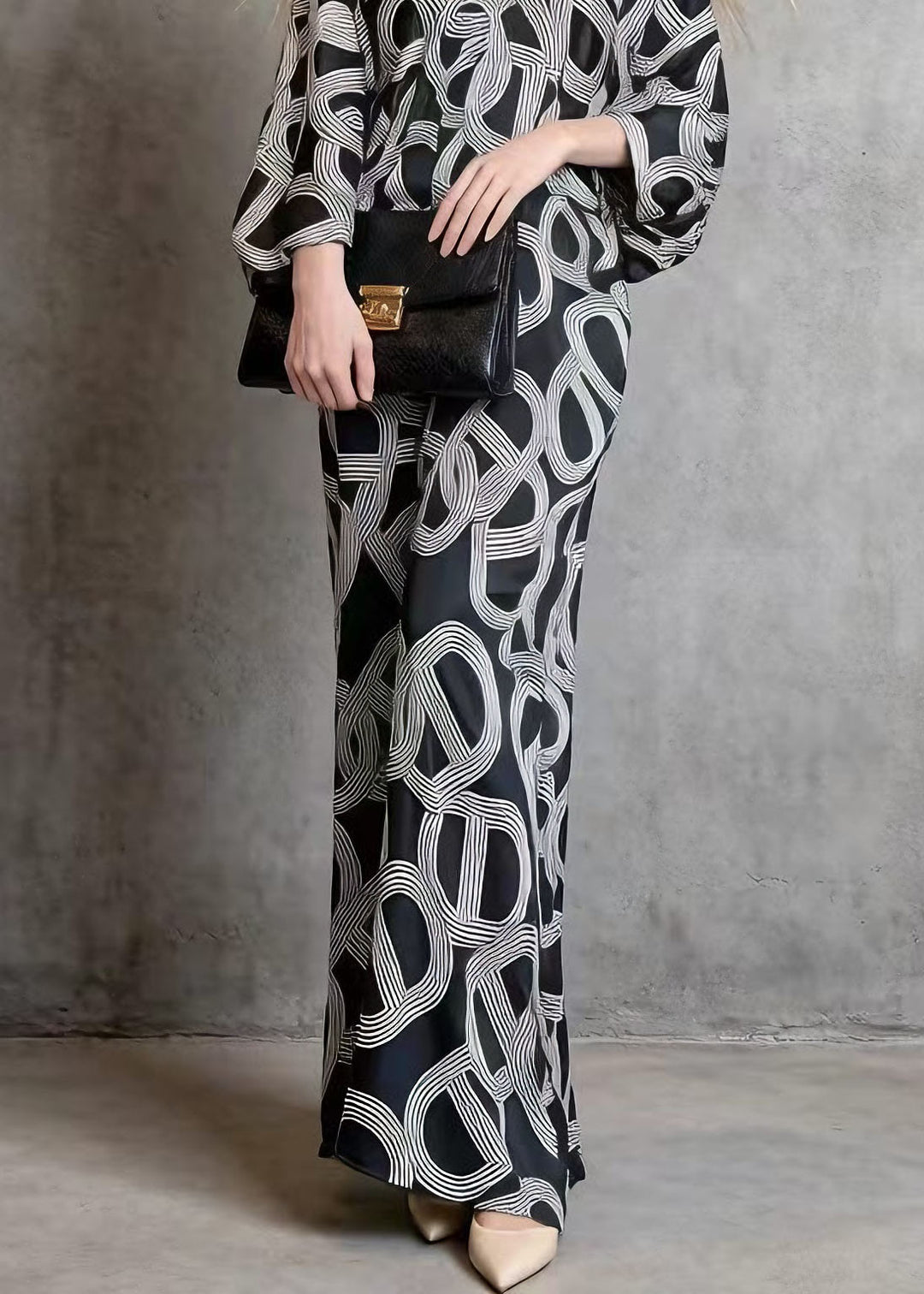 Chic Black V Neck Print Silk Long Dress Batwing Sleeve